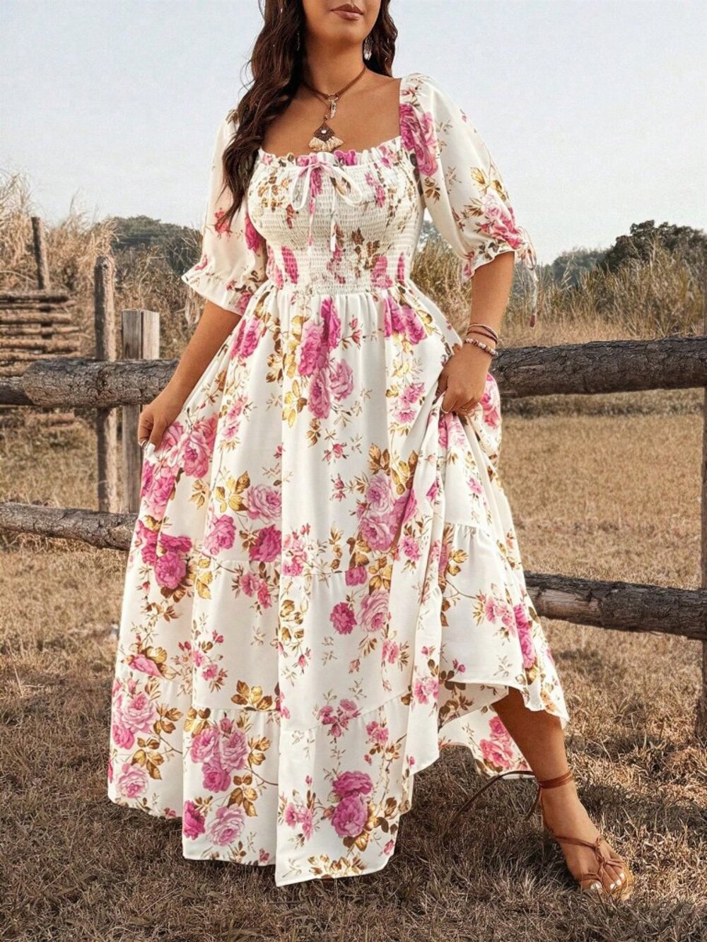 Multicolor Boho Women's Plus Size Floral short sleeve maxi Dress - Picture 3 of 7